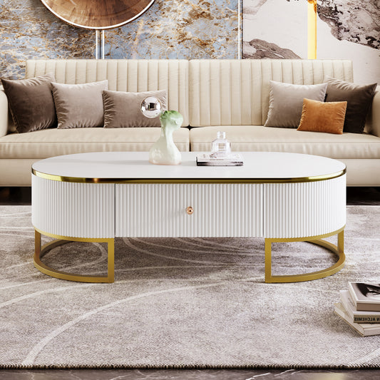 Modern Oval Coffee Table with Drawers, Curved Profile Design, Gold Metal Decor, Center Table for Living Room in 47.2"