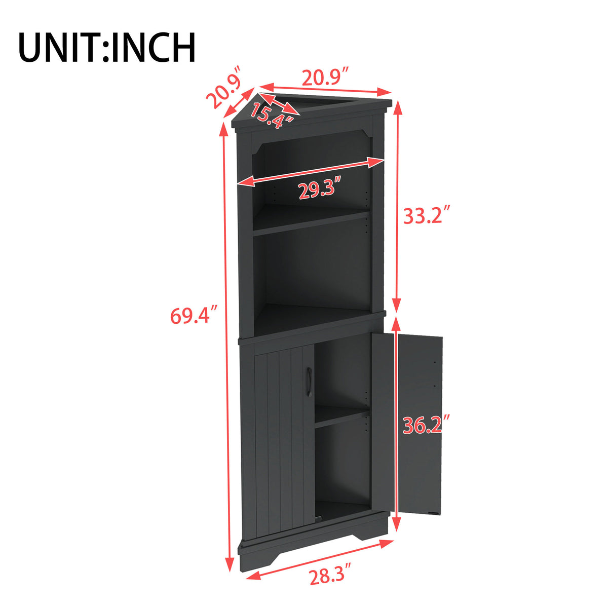 Tall Corner Cabinet with Doors, Dining Room or Kitchen, Black