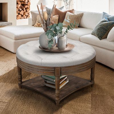 Large Round WaterProof Ottoman Coffee Table 2 Tier Oversized Button Tufted Ottoman with Wooden Shelf Storage Farmhouse Upholstered Coffee - Light Gray