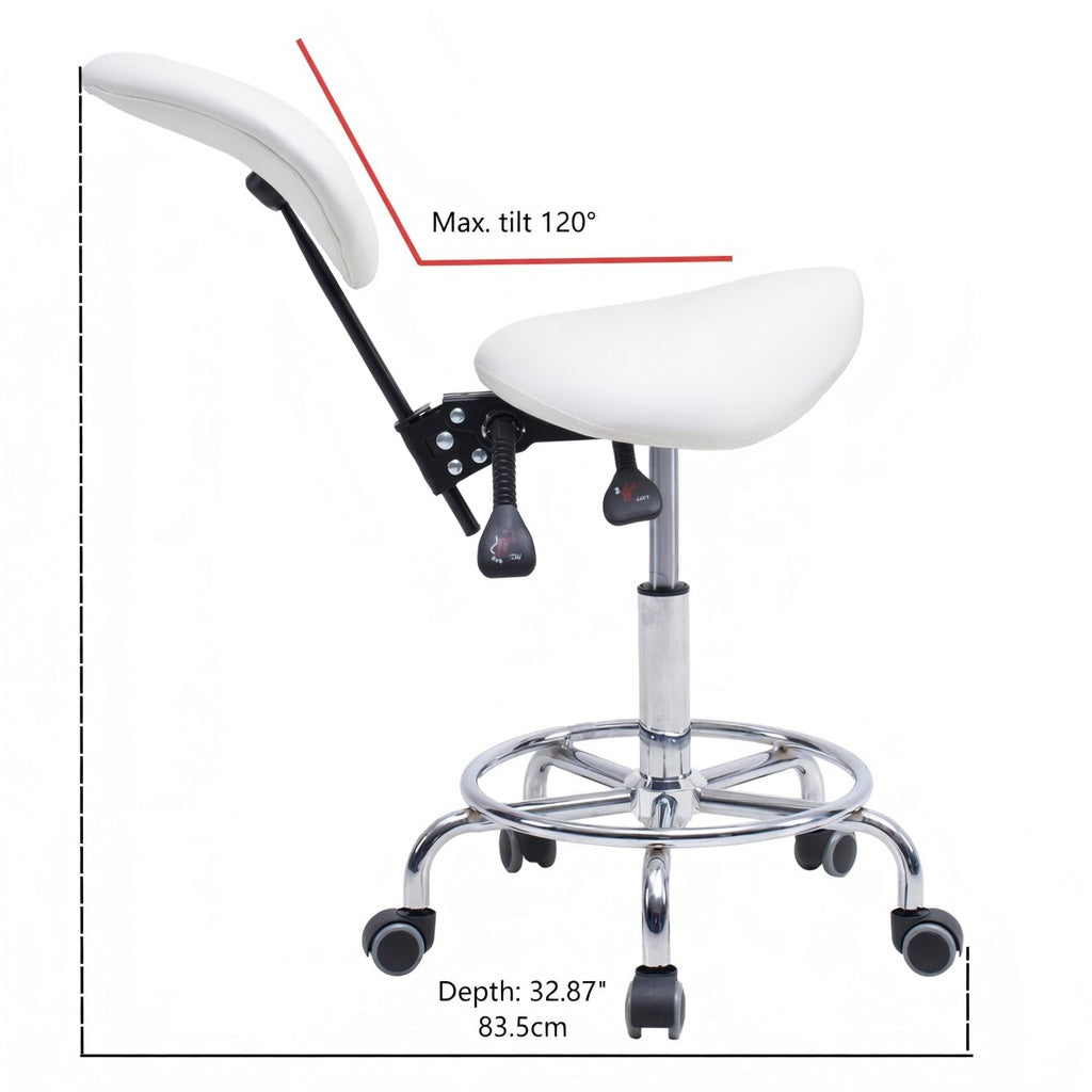 Saddle Stool Chair with Backrest Swivel Hydraulic Ergonomic Tilt Seat Chair with Wheels Footrest for Medical Hospital Clinic Dental-WHITE