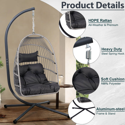 Foldable Hanging Egg Chair with Stand and Pillow, HDPE Rattan and Heavy Duty Aluminum-Steel Frame, Outdoor Patio Wicker Swing Egg Chair with Headrest and Cushioned, 350 Lbs Capacity (Gray)