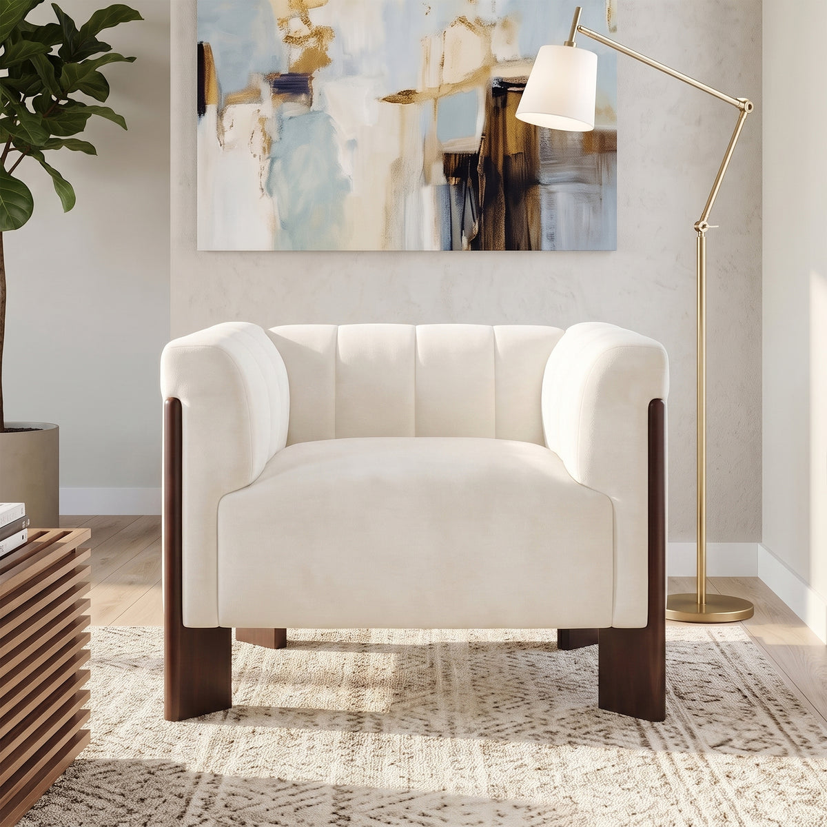 Modern Accent Chair Chenille Armchair Single Sofa Chair with Tight Back, Round Arms, Vertical Channel Tufted Back and Walnut Rubber Wood Legs for Living Room, Bedroom or Reading Corner, Beige