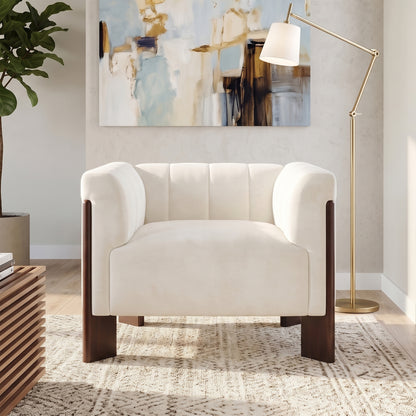 Modern Accent Chair Chenille Armchair Single Sofa Chair with Tight Back, Round Arms, Vertical Channel Tufted Back and Walnut Rubber Wood Legs for Living Room, Bedroom or Reading Corner, Beige