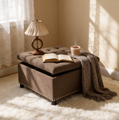 Storage Ottoman, Tufted Footstool, Nailhead Trim Ottoman, Square Storage Ottoman, Upholstered Coffee Table, Bedroom Storage, Living Room Accent, Dark brown Ottoman, Small Space Furniture, Home Decor.