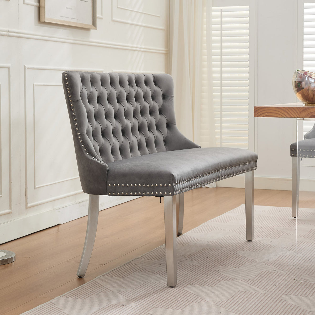 Velvet Double Dining Loveseat Bench, Kitchen & Dining Seating, 2-Seat Tufted Bench w/Handmade Buttons, Wing Back