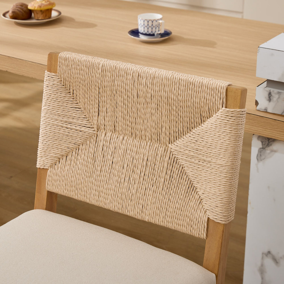Hand‑Woven Rattan Counter Height Bar Stools Set of 2, 27 Inch Seat Height, Linen Upholstered Barstools with S‑Spring & High‑Density Sponge Cushion, Solid Wood Frame for Kitchen Island,SW1872MT