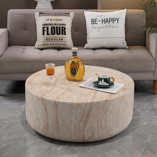 Round Cylinder Coffee Table, MgO Faux Travertine Low Profile Accent Coffee Table, Indoor & Outdoor Decorative Center Table for Living Room Patio, Dia 31.89" x H 12.01"