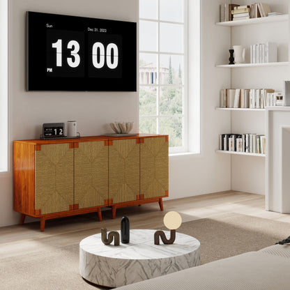 Mid Century Boho Freestanding Accent Cabinet, Handmade Paper Rope Woven Push-to-Open Double Doors, , Adjustable  Shelf, Sideboard Storage Cabinet for Kitchen Entryway  Living Room