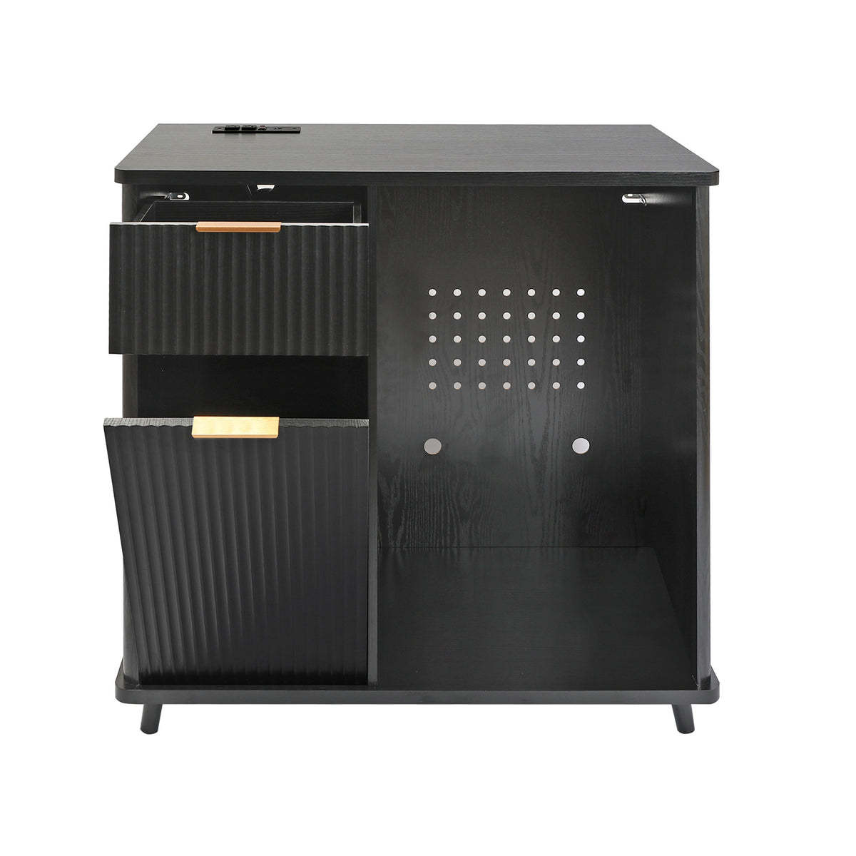 Fluted Coffee Bar Cabinet with Mini Fridge Space & Charging Station, Home Bar Cabinet with Hidden Trash Can Storage & Drawer for Kitchen, Dining Room or Living Room,Black
