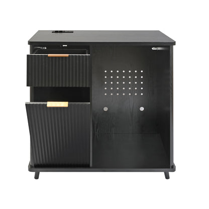 Fluted Coffee Bar Cabinet with Mini Fridge Space & Charging Station, Home Bar Cabinet with Hidden Trash Can Storage & Drawer for Kitchen, Dining Room or Living Room,Black
