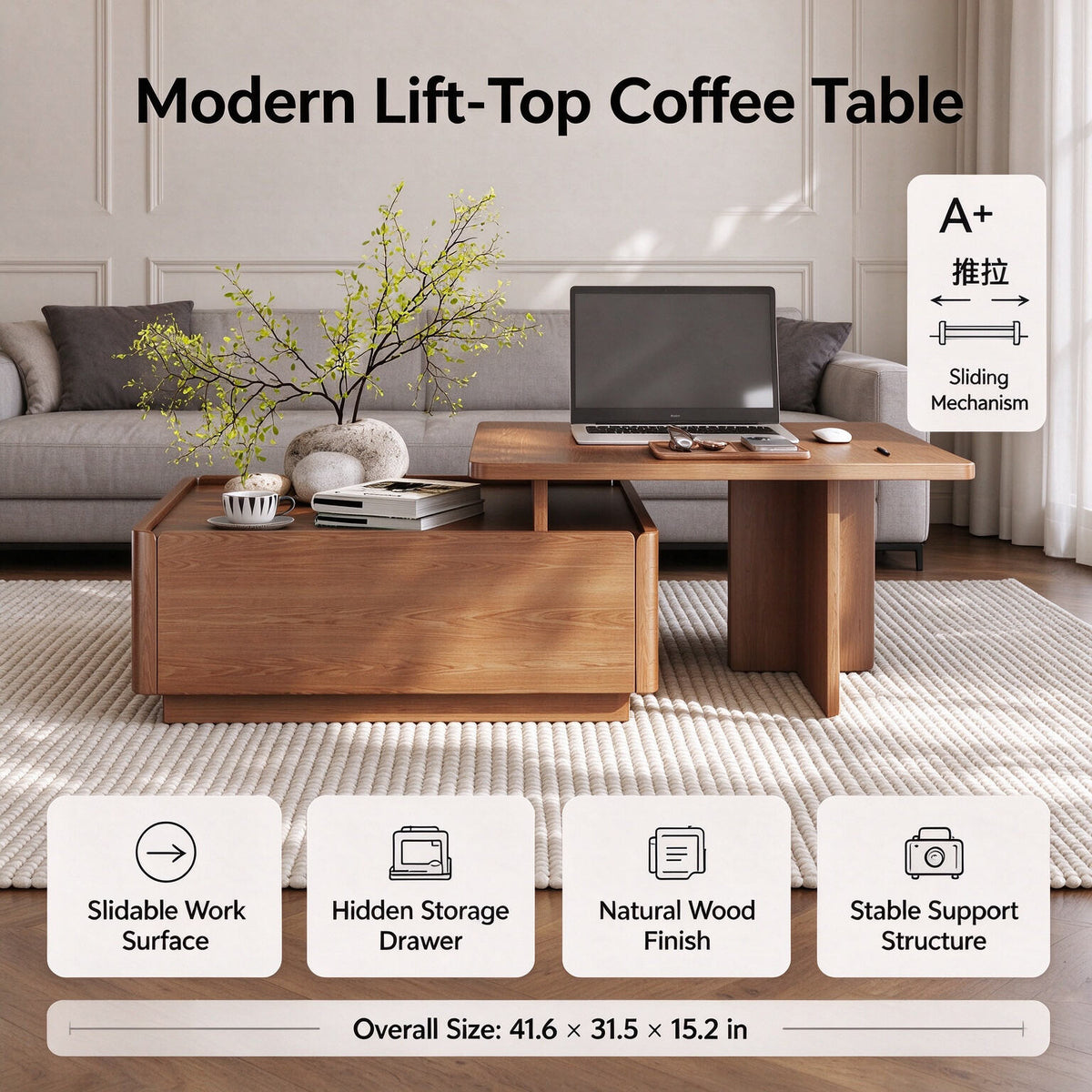 Luxury Walnut Wood Square Coffee Table with Large Hidden Storage, Expandable Tabletop Center Table for Living Room, Modern Accent Table with Drawers (59" Walnut Coffee Table)