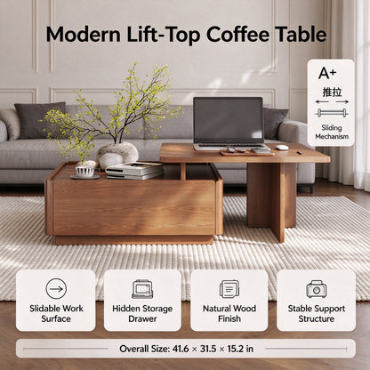 Luxury Walnut Wood Square Coffee Table with Large Hidden Storage, Expandable Tabletop Center Table for Living Room, Modern Accent Table with Drawers (59" Walnut Coffee Table)
