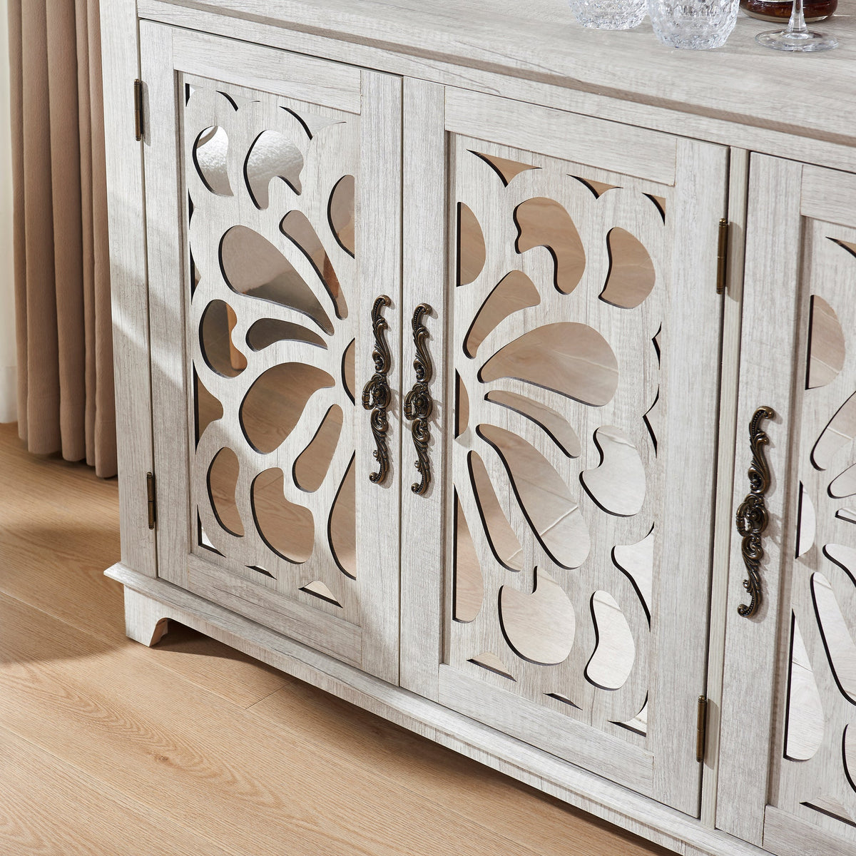 Freestanding Accent Storage Cabinet, MDF Sideboard Buffet Cabinet, Acrylic Mirror Carved Doors, Adjustable Shelf, Spacious Countertop, Anti‑Tip Straps, Easy Assembly for Living Room Hallway Kitchen