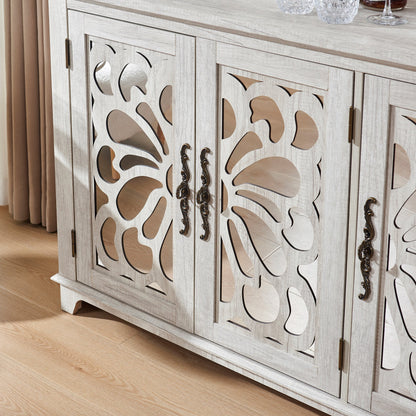 Freestanding Accent Storage Cabinet, MDF Sideboard Buffet Cabinet, Acrylic Mirror Carved Doors, Adjustable Shelf, Spacious Countertop, Anti‑Tip Straps, Easy Assembly for Living Room Hallway Kitchen