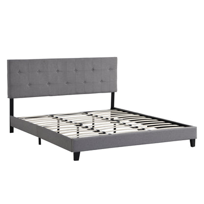King Size Upholstered Platform Bed Frame with Button Tufted Linen Fabric Headboard, Gray, Wood Slat Support, No Box Spring Needed