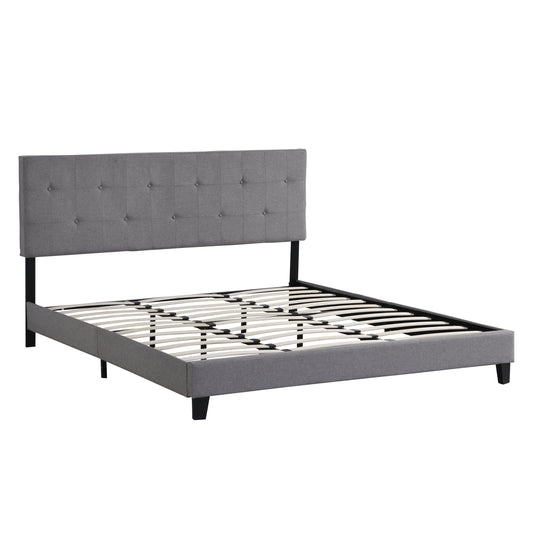 King Size Upholstered Platform Bed Frame with Button Tufted Linen Fabric Headboard, Gray, Wood Slat Support, No Box Spring Needed