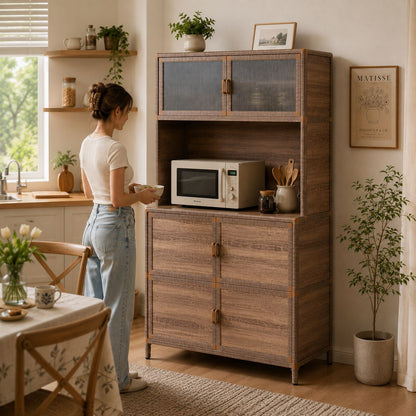 Tall Storage Cabinet, 31.50" W x 19.69" D x 65.75" H, Freestanding Indoor & Outdoor Storage Cabinet with Ribbed Acrylic Doors, 6-Door Utility Cabinet for Kitchen, Entryway, Patio & Garage
