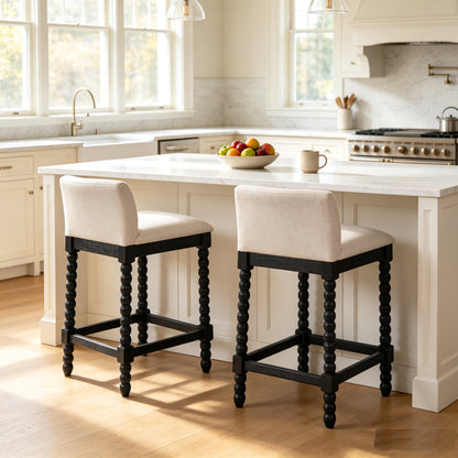 Farmhouse Coastal Counter Stools Set of 2,  Rubberwood Bobbin Legs, Linen-Like Upholstered Bar Stool with Backrest, 300 LBS Capacity Kitchen Island Stools