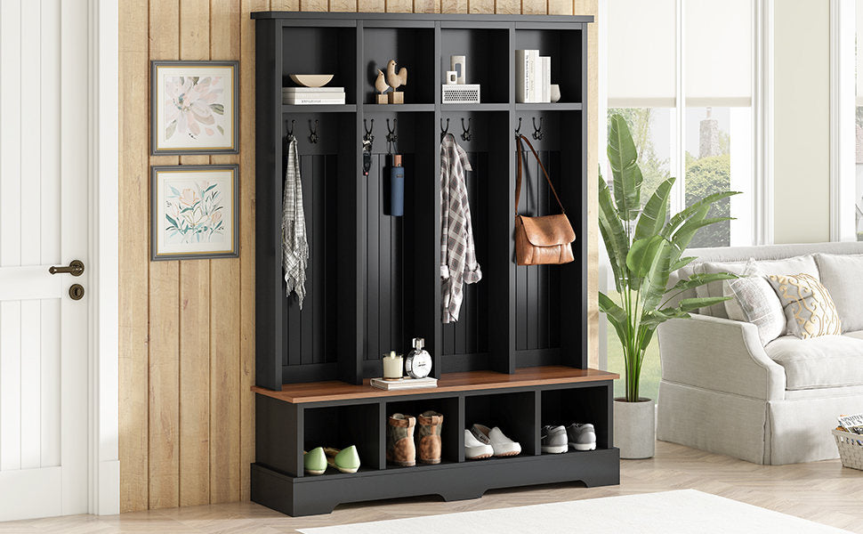 Farmhouse Hall Tree with 8 Hooks, Practical Entryway Bench with Open Compartments, 76.7'H Modern 3-in-1 Wooden Style Coat and Shoe Rack for Mudroom, Living Room, Black