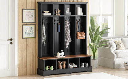 Farmhouse Hall Tree with 8 Hooks, Practical Entryway Bench with Open Compartments, 76.7'H Modern 3-in-1 Wooden Style Coat and Shoe Rack for Mudroom, Living Room, Black