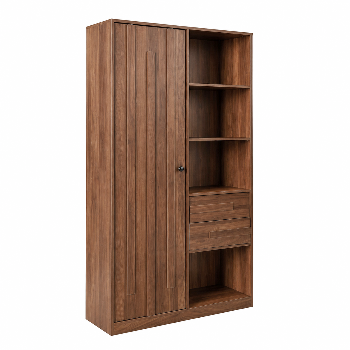 Freestanding Storage Cabinet, Tall cabinet with fluted Door, 2 Drawers & Open Shelves, Multi-Purpose Organizer for Bedroom, Living Room, Entryway