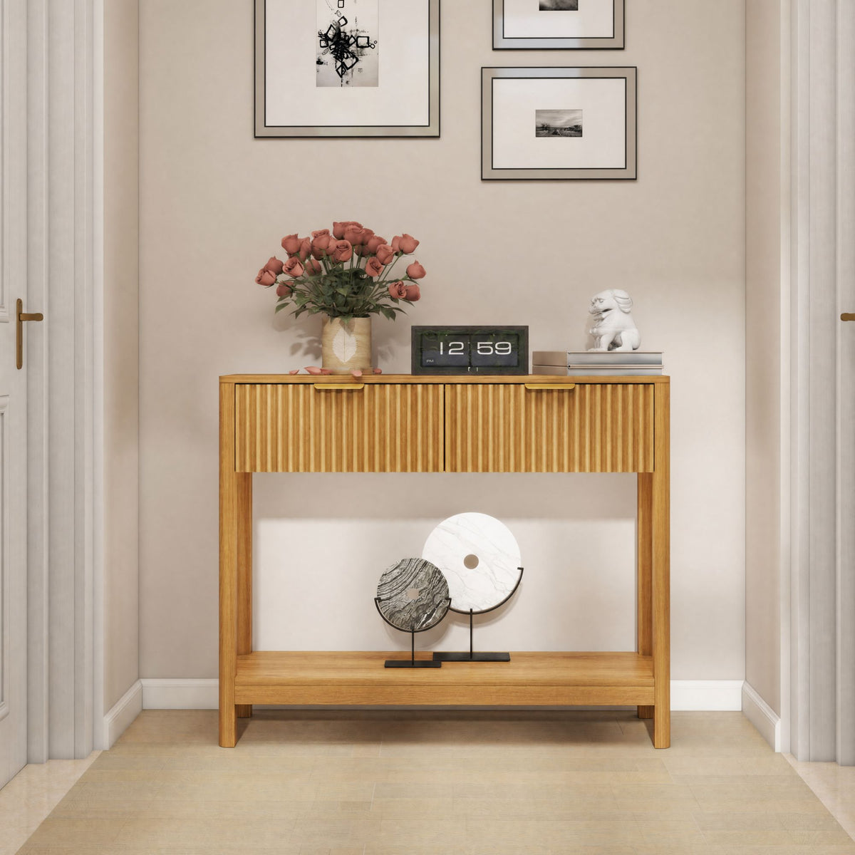 Mid-Century Modern Fluted Console Table with 2 Drawers & Open Shelf, Oak Finish Narrow Entryway Table, Slim Sofa Table for Hallway, Living Room, Small Spaces, Easy Assembly
