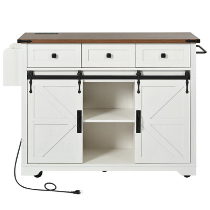 K&K 53.7" Farmhouse Kitchen Island with Power Outlet, 2 Sliding Barn Door Kitchen Storage Island with Drop Leaf – Model N707S170347W