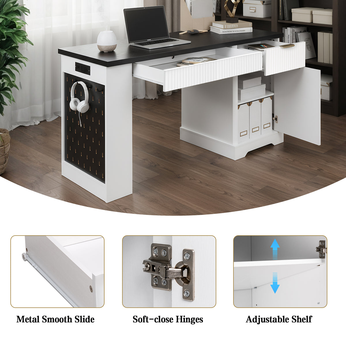 55" Modern Fluted Office Desk with Storage Cabinet & Drawers, Computer Writing Desk with Power Outlet, Pegboard