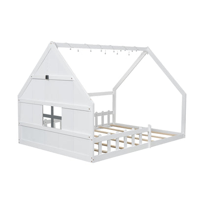 Full Size Wood House Bed with Window and Fence, White (Old SKU: WF304147AAK)