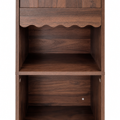 Tall Nightstand with  Glass Door, Mid-Century Modern Bedside Table with Open Shelves and 2 Drawers, Walnut Wood Night Stand & Bookshelf for Bedroom, Living Room