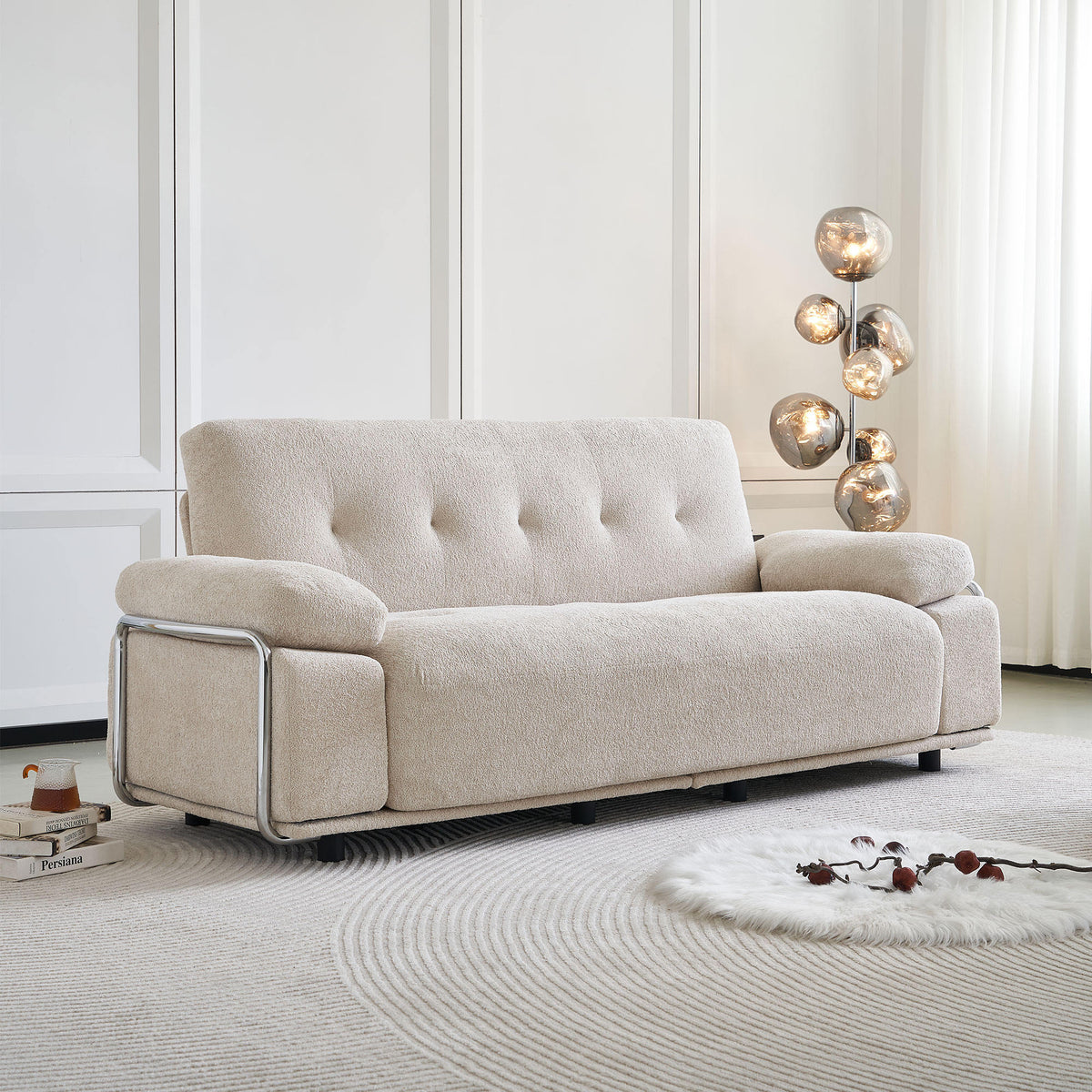 88.98'' Width Modern Sofa with Compression Seat Cushions and Back Cushions,Steel Arm Frame,Chenille Fabric,Beige Color