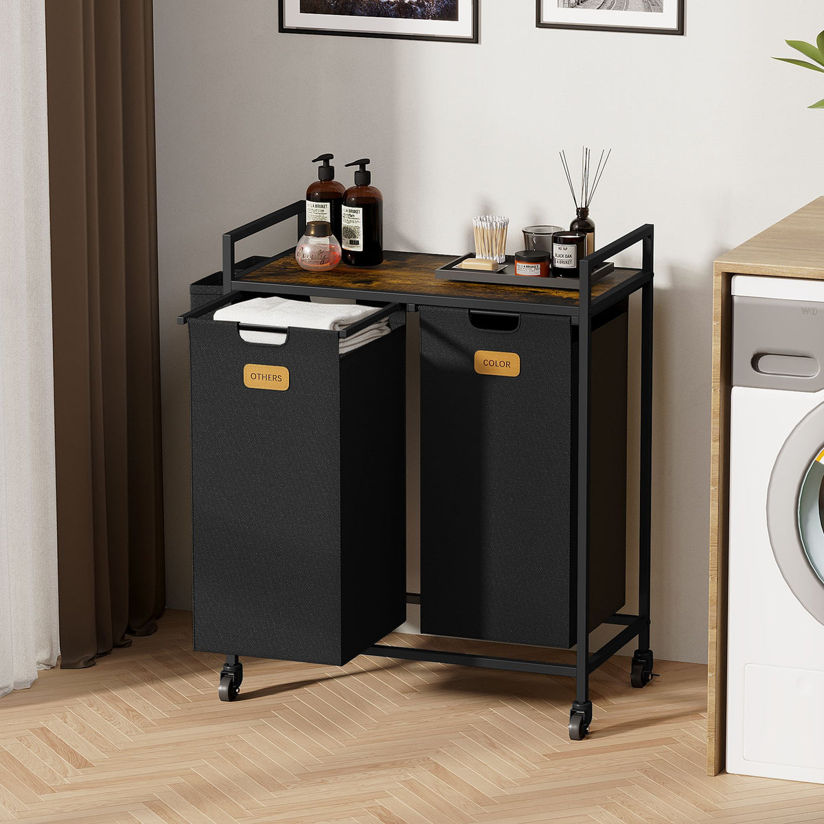 2 Section Laundry Hamper, Laundry Sorter with Wheels, Laundry Basket Organizer with Shelf & 2 Pull-Out Removable Bags, Dirty Clothes Hamper Organizer for Laundry Room Bathroom Dorm ,26.4 gallons(100L)
