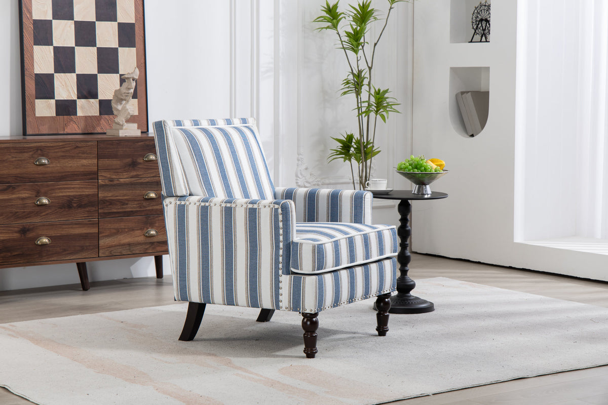 Upholstered Accent Chair, Vintage Armchair with Solid Wood Legs, Blue and White Striped Linen Fabric and Nailhead Trim for Living Room