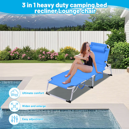 3-in-1 Heavy Duty Tanning Chair with Face Hole Adjustable 5-Position Folding Chaise Lounge Chairs for Outside Portable Lay Flat Beach Lounge Chair for Outdoor Sunbathing Patio Pool Lawn Camping Deck P