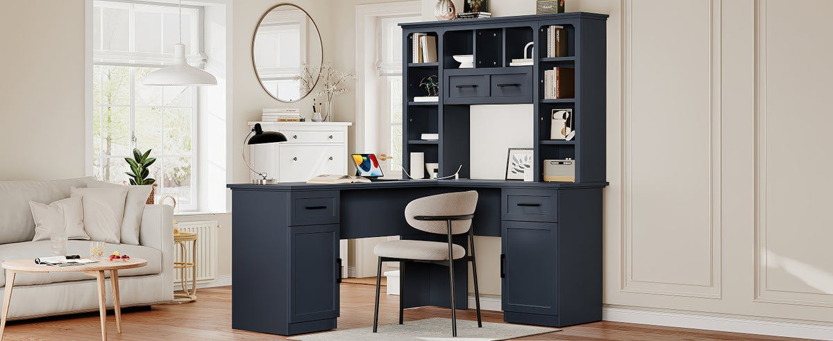 L-Shaped Computer Desk with 2 Cabinets and 2 Drawers, 11 Open Shelves and 1 Right Flip Shelf with Storage, with Power Outlet, Antique Blue