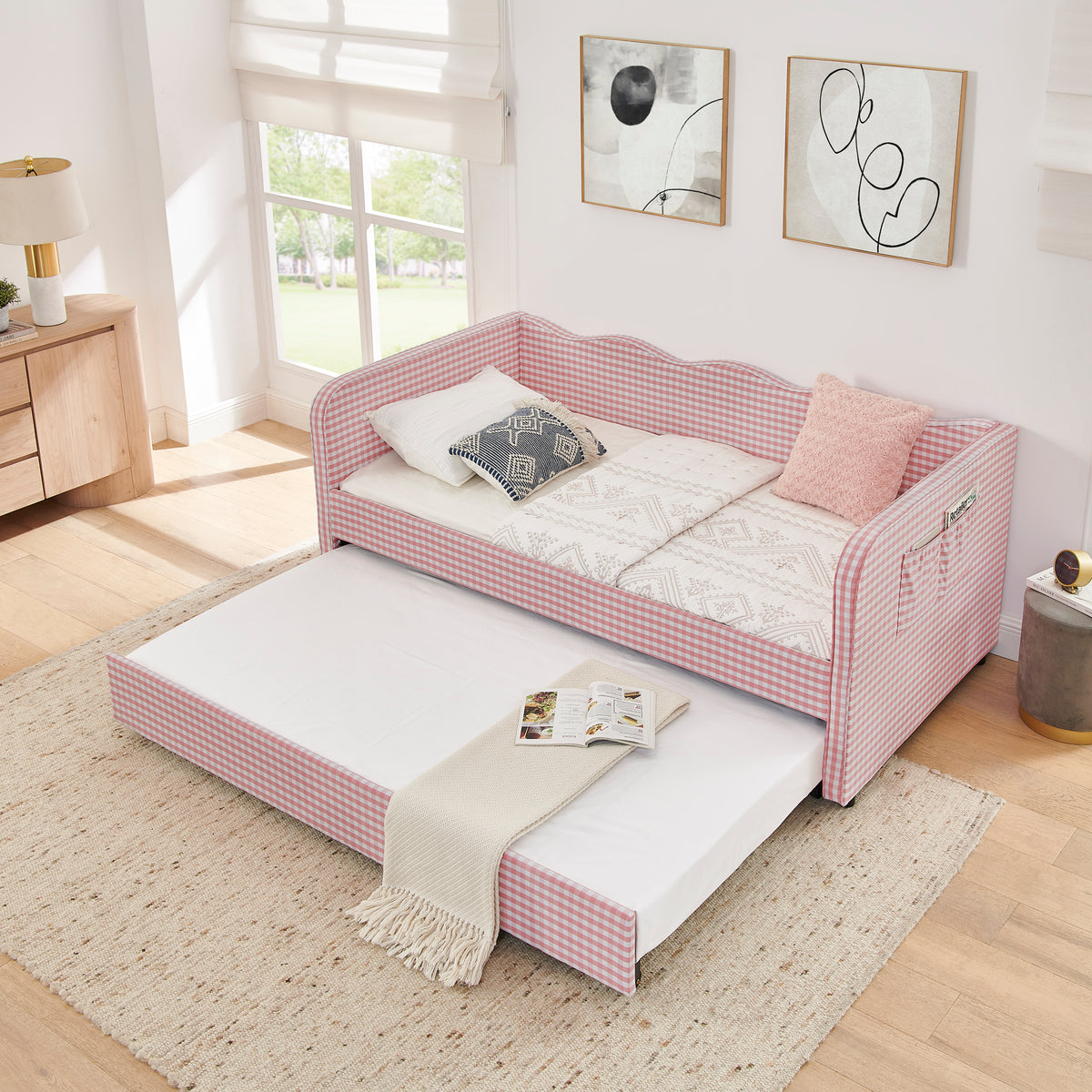Twin‑Size Daybed, Gingham Upholstered 3‑in‑1 Versatile Convertible Sofa Bed with Pull‑Out Trundle & Side Storage Pockets, Ideal for Multiple Room Layouts and Small‑Space Living-Pink