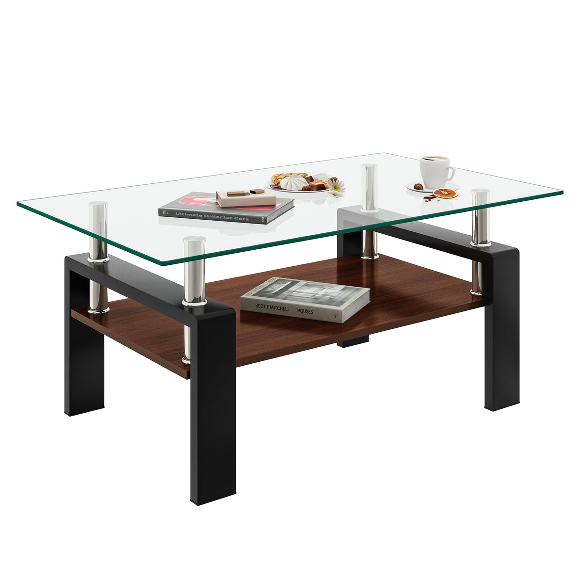 Rectangle Coffee Table, Tempered Glass Tabletop with MDF Layer, Modern Table, Transparent Glass