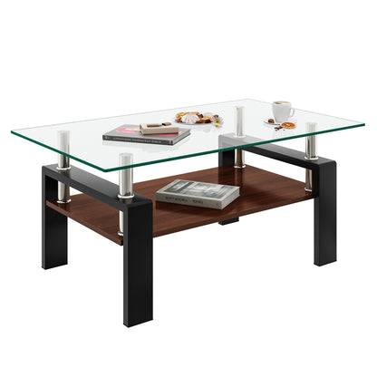 Rectangle Coffee Table, Tempered Glass Tabletop with MDF Layer, Modern Table, Transparent Glass