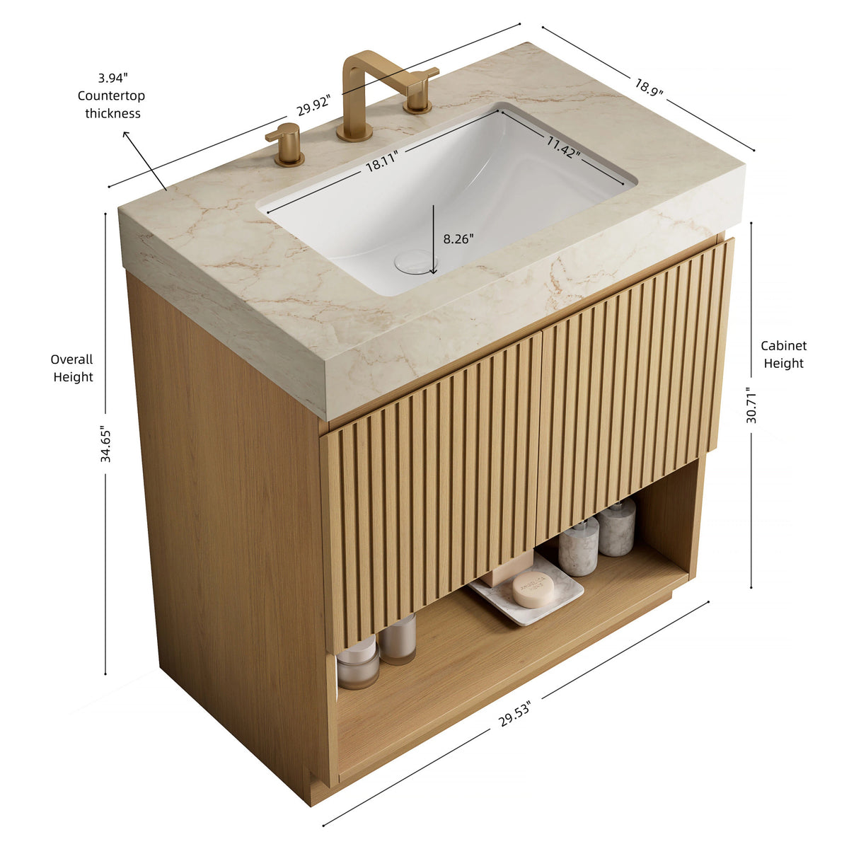 FINO 30" Bathroom Vanity&Sink,Freestanding Cabinet,Cream Gold Vein Sintered Stone Top&Ceramic Basin with 3 Pre-drilled Faucet Holes, Disassembled, Faucet & Drain Excluded, Corolla Oak Woodgrain Color
