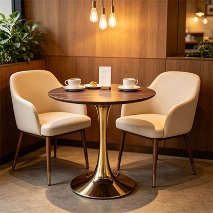 Mid-Century Tulip Table with Golden Legs and Walnut-Color MDF Top for 2-4 People, Round Pedestal Dining Table, Coffee Table, End Table