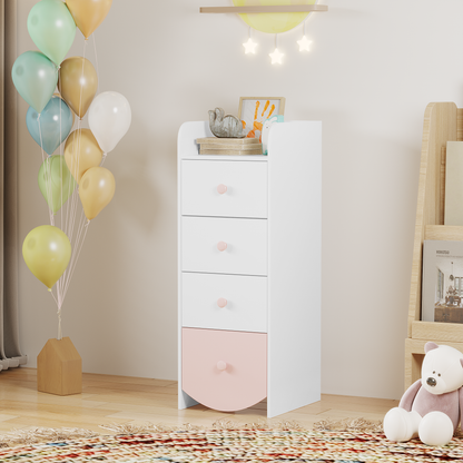 Kids Dresser with 4 Drawers, Narrow Storage Cabinet for Kids Room, MDF Chest of Drawers with Round Bottom Design, Nursery Bedroom Organizer, White