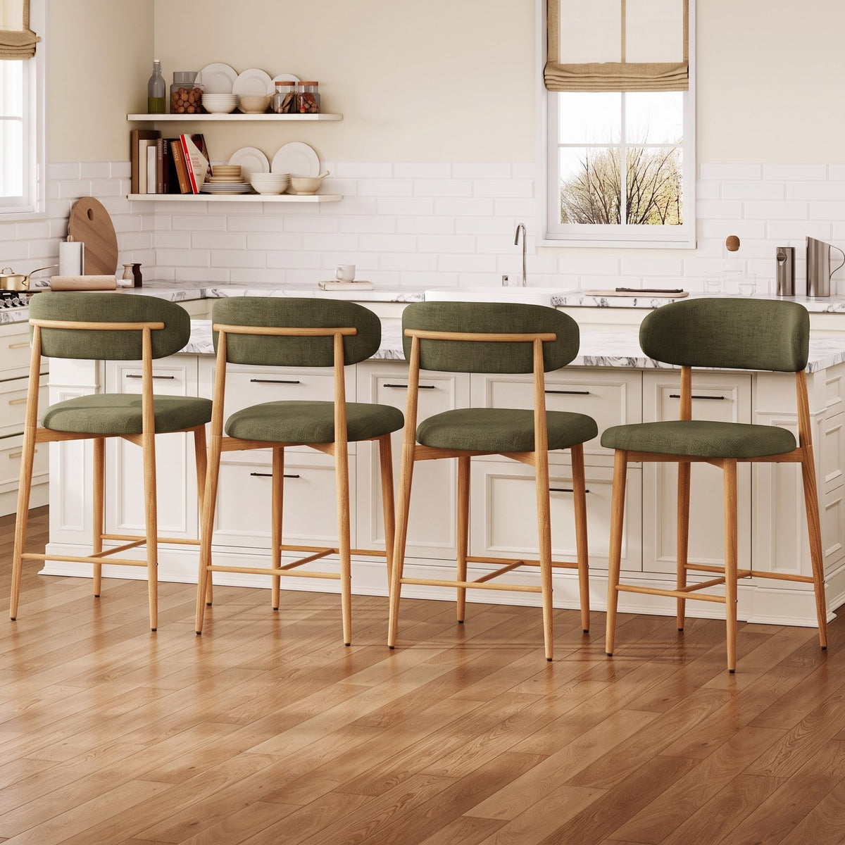 Counter Height Bar Stools Set of 2, Upholstered Counter Stools Modern Barstools with Metal Legs for Kitchen Island Dining Room, Green