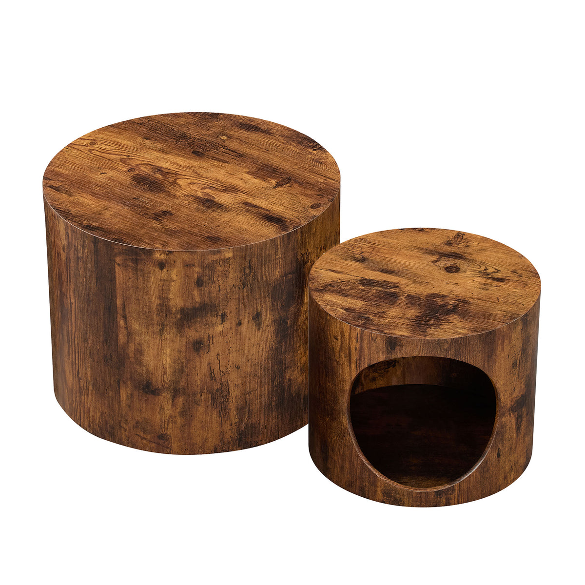 Cat Nest Nesting Stool Set Round Nesting Coffee Table Set of 2 for Living Room,No Assembly Dark Brown
