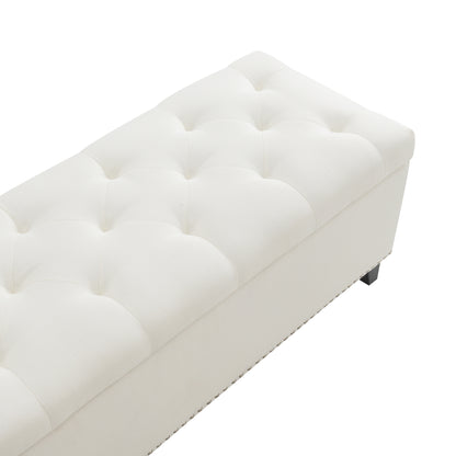 Beige Linen Button-Tufted Storage Ottoman with Safety Close Hinge, 47.5" x 16.5" x 16.25", Plywood Frame, High-Density Foam Cushion