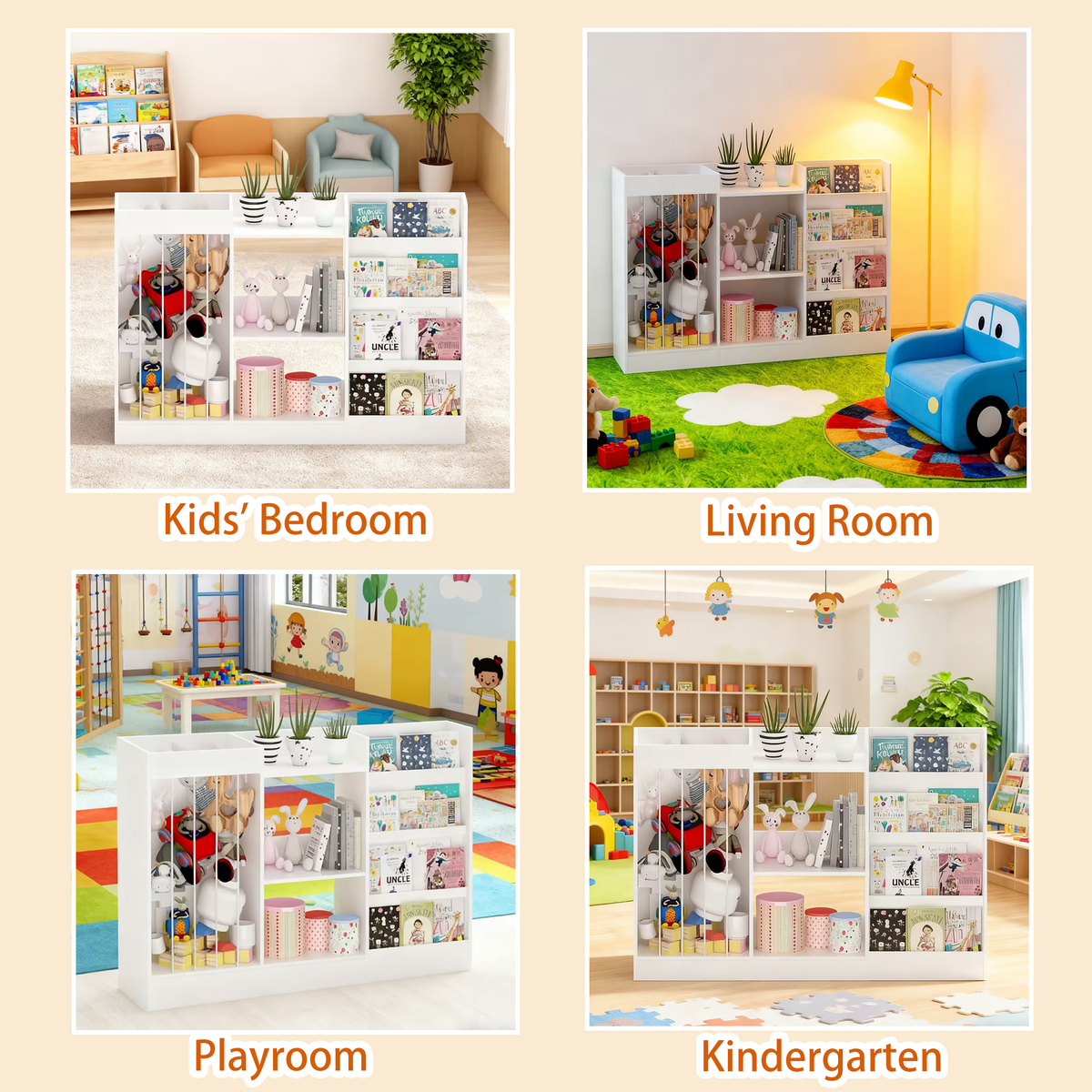 Kids Bookshelf and Toy Storage, 3-Tier Book Shelf, Sling Baby Bookcase with Stuffed Animal Storage, Toddler Montessori Bookshelf