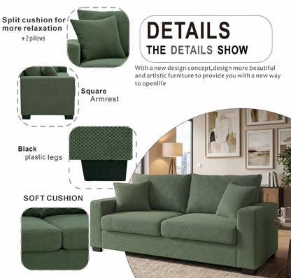 69-inch two-seater  Sofa with Textured Fabric, Comfortable Upholstered Couch with 2 Throw Pillows and Sturdy Plastic Legs for Living Room, Apartment, Office,  Dark Green