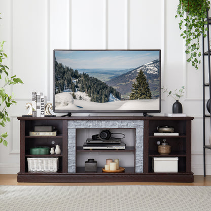 Large Faux Stacked Stone TV Stnad, Desk Storage Rack, Media Console Table with Large Storage Cabinet,Modern TV Media Entertaionment Stand,Cherry, 70.12'W*15.35'D*25.83'H