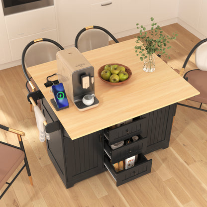 K&K 55.7'' Large Kitchen Island with 2 Drop Leaf, Rolling Kitchen Cart on 5 Wheels with Power Outlet – Black