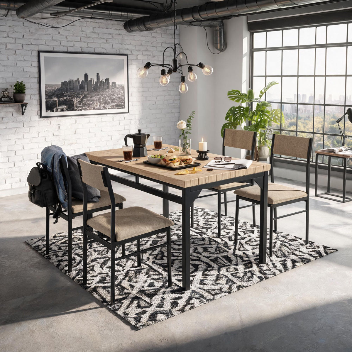 5-Piece Dining Table Set for 4, 47.24" Dining Table with 4 Upholstered Linen-Look Chairs, Black Metal Frames, Modern Kitchen & Dining Room Furniture
