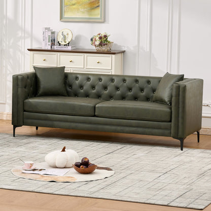 83" Tech Fabric Sofa with Metal Legs, 3 Seater Modern Upholstered Sofa, Mid-Century Modern Sofa with Button Tufting, Living Room, Apartment, Office, Green.